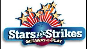 Stars and Strikes Getaway-n-play in white on blue background Red starburst with gold stars on a white background also included a blue bowling ball